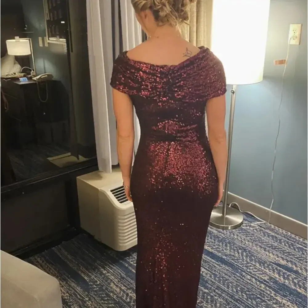 Badgley Mischka Bordeaux Red Sequin Gown Size 22 Off Shoulder Formal Luxury $695 - Picture 6 of 14